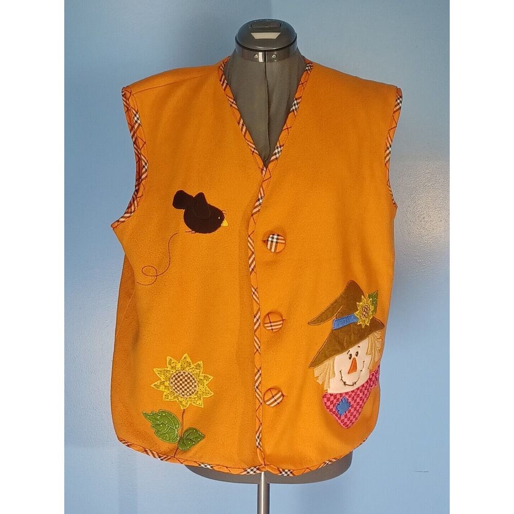Collections Etc. Halloween Orange Vest Scarecrow,Crow,Sunflower&Plaid Trim Large